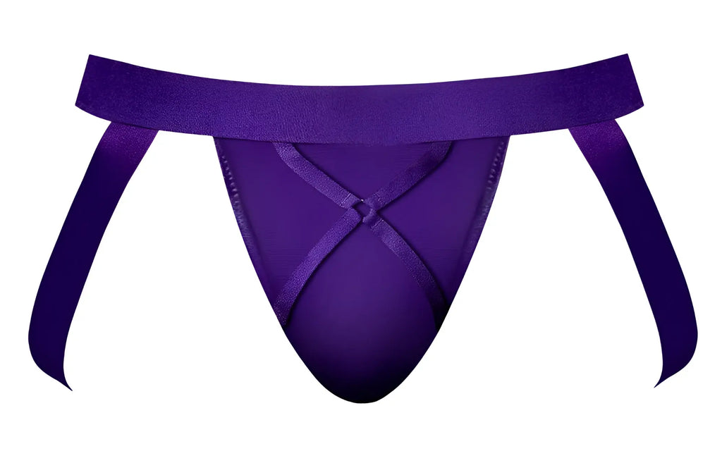 Male power 350-302 eggplant crossover jock purple satin thong with wide waistband and crossed ribbon ties