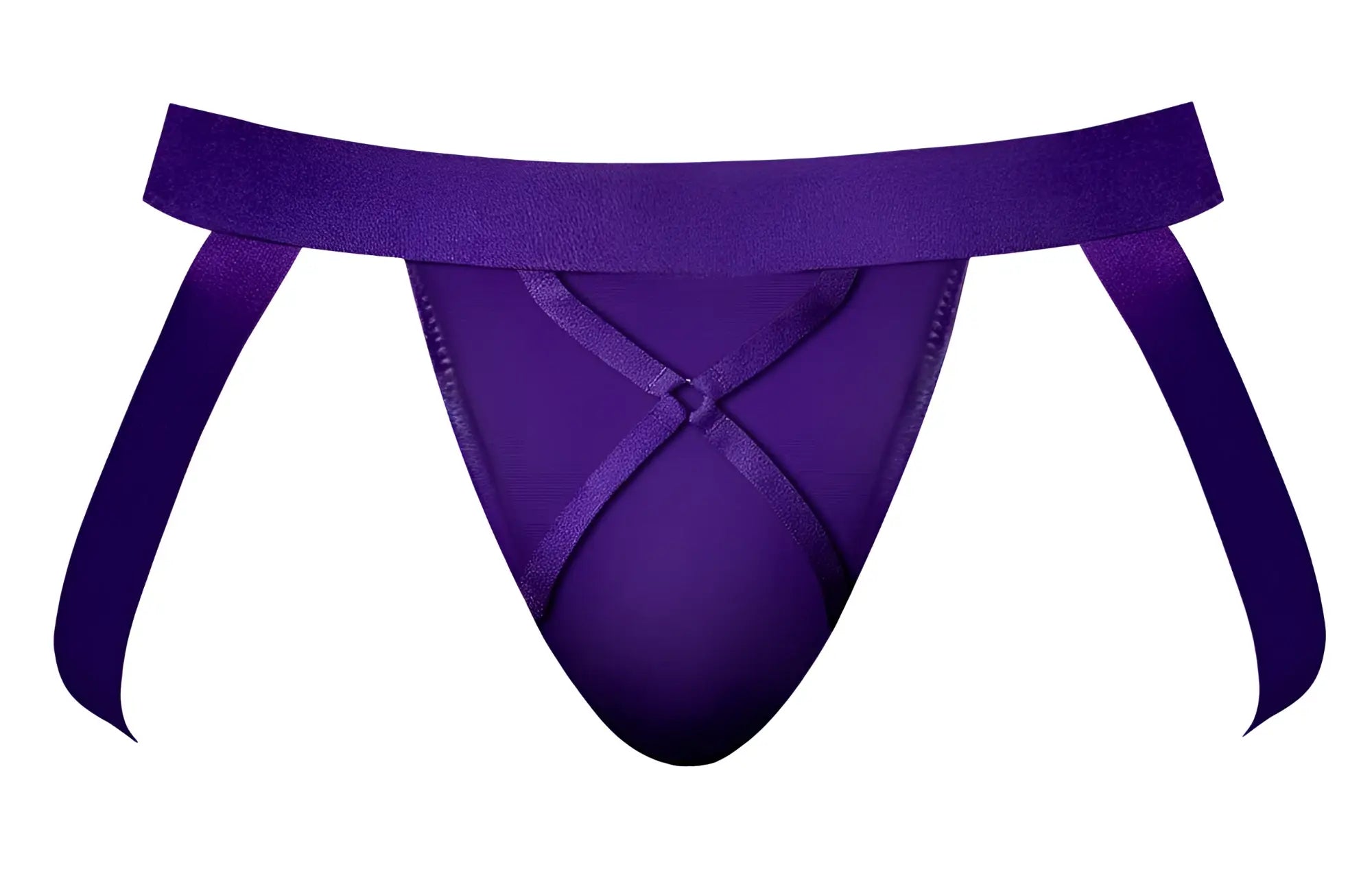 Male power 350-302 eggplant crossover jock purple satin thong with wide waistband and crossed ribbon ties