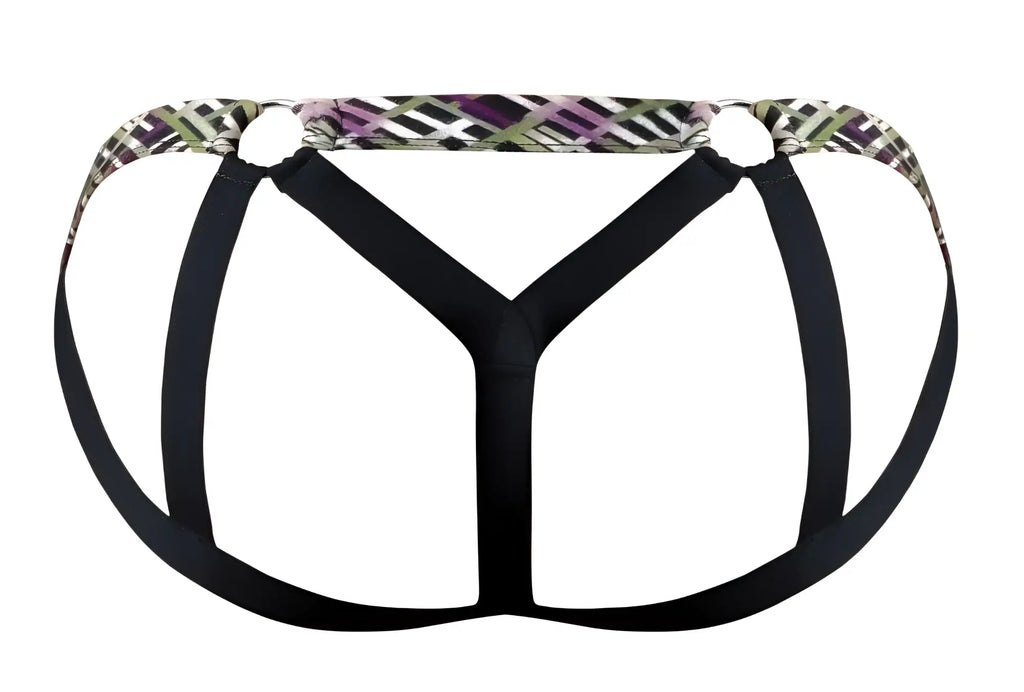 Black fabric briefs with purple green and white geometric waistband from male power 351-303 gridlocked strappy ring jock color printed