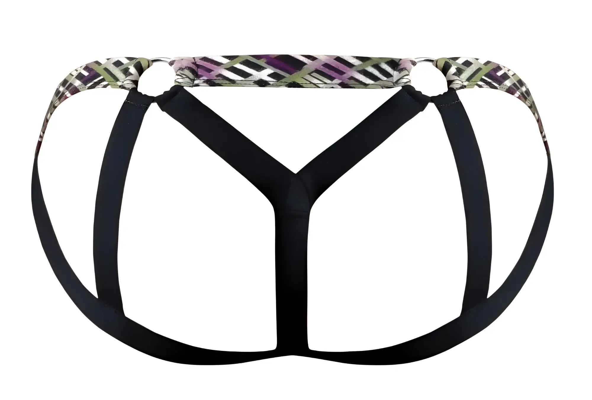 Black fabric briefs with purple green and white geometric waistband from male power 351-303 gridlocked strappy ring jock color printed