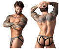 Black patterned lace-trimmed men’s briefs with strappy design from male power 351-303 gridlocked jock collection