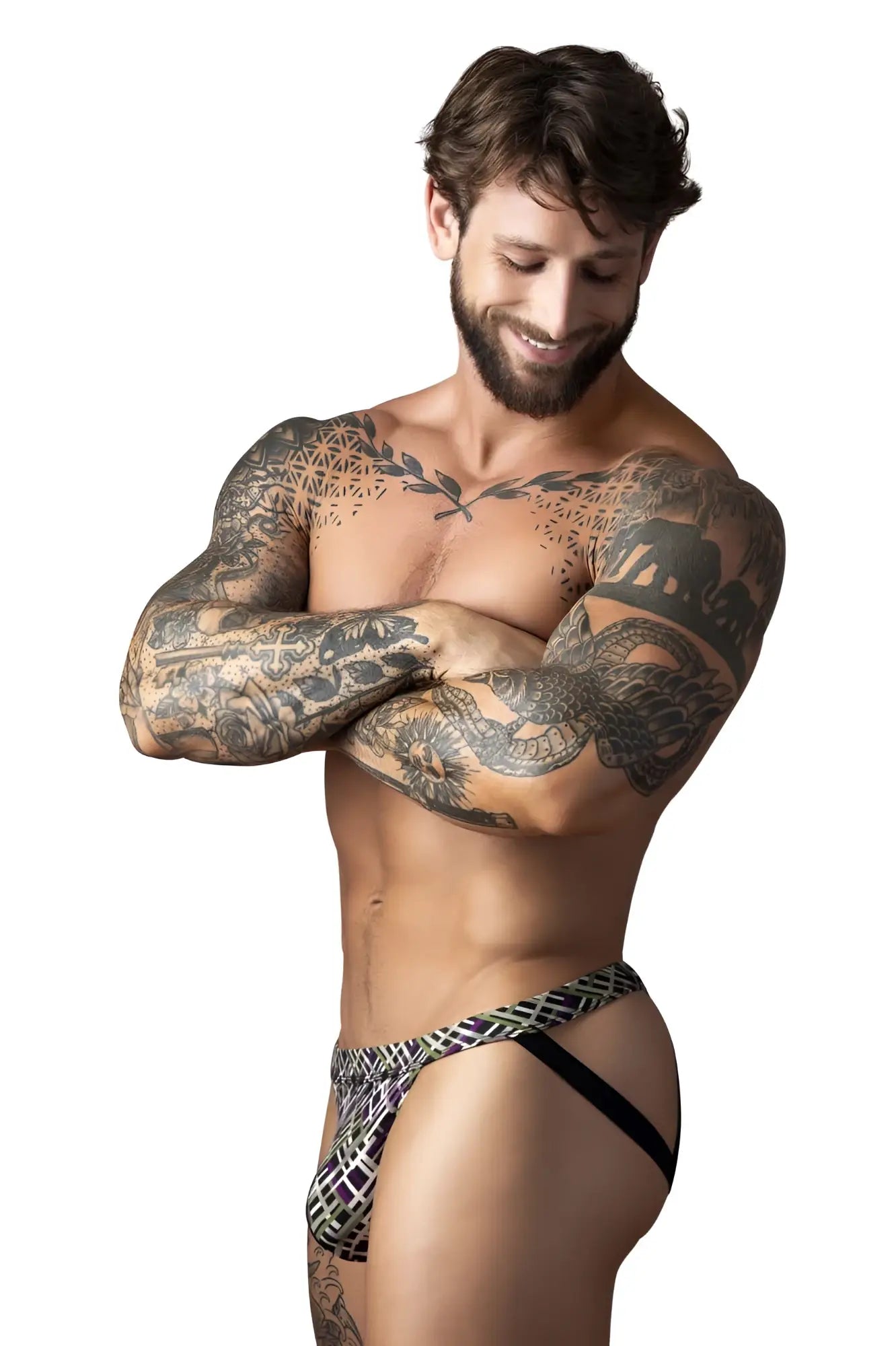 Male power 351-303 gridlocked strappy ring jock briefs with black and white geometric pattern for men