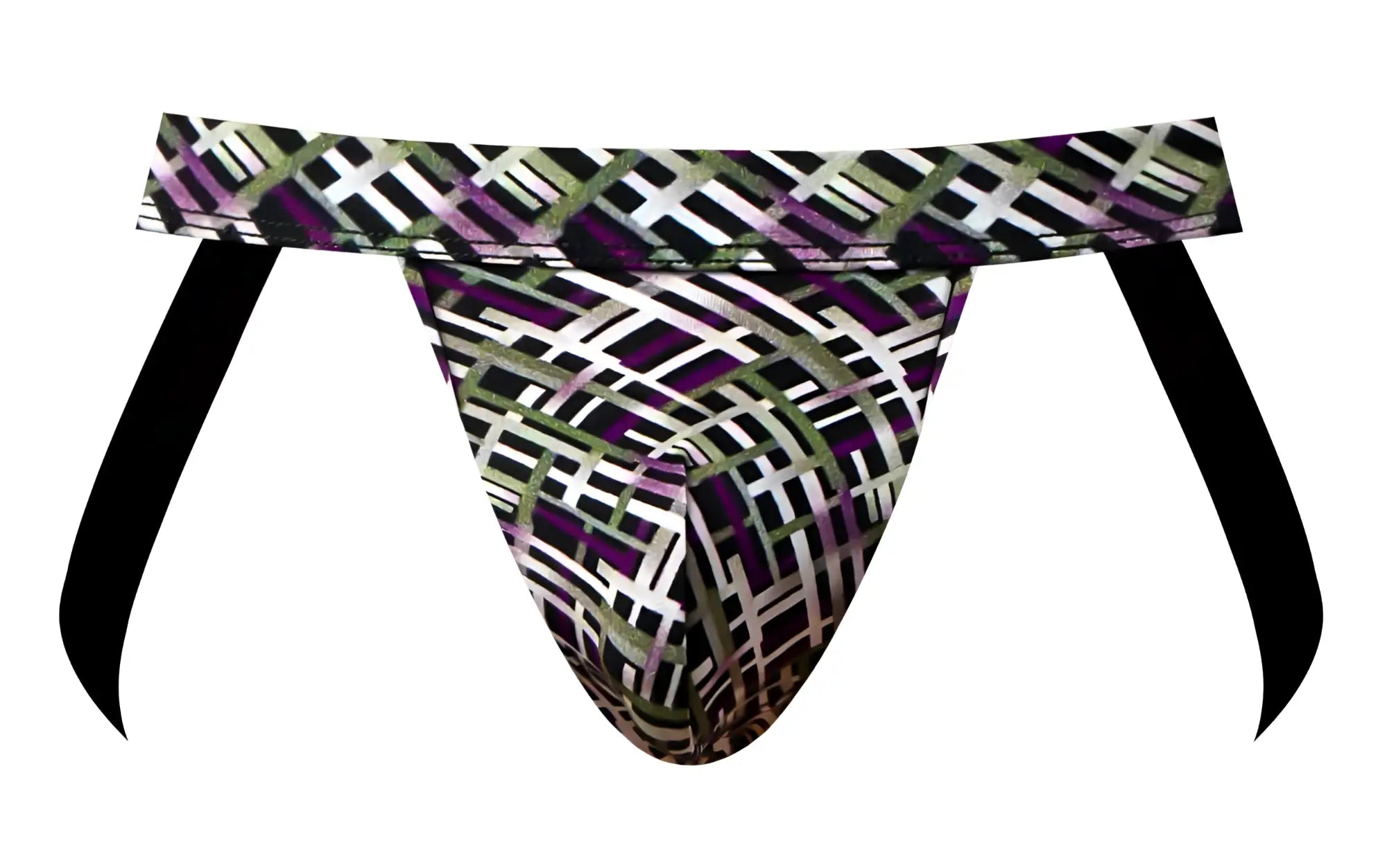 Male power 351-303 gridlocked strappy ring jock thong with black white and purple geometric pattern and wide waistband