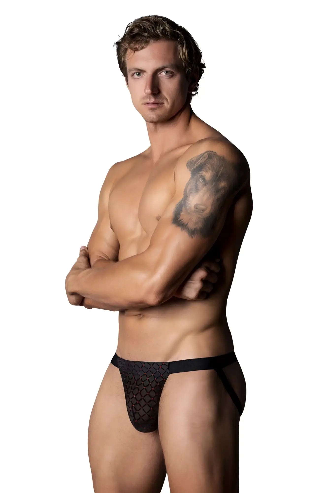 Male power 353-296 widow maker classic jock in black lace with mesh pattern and solid black waistband
