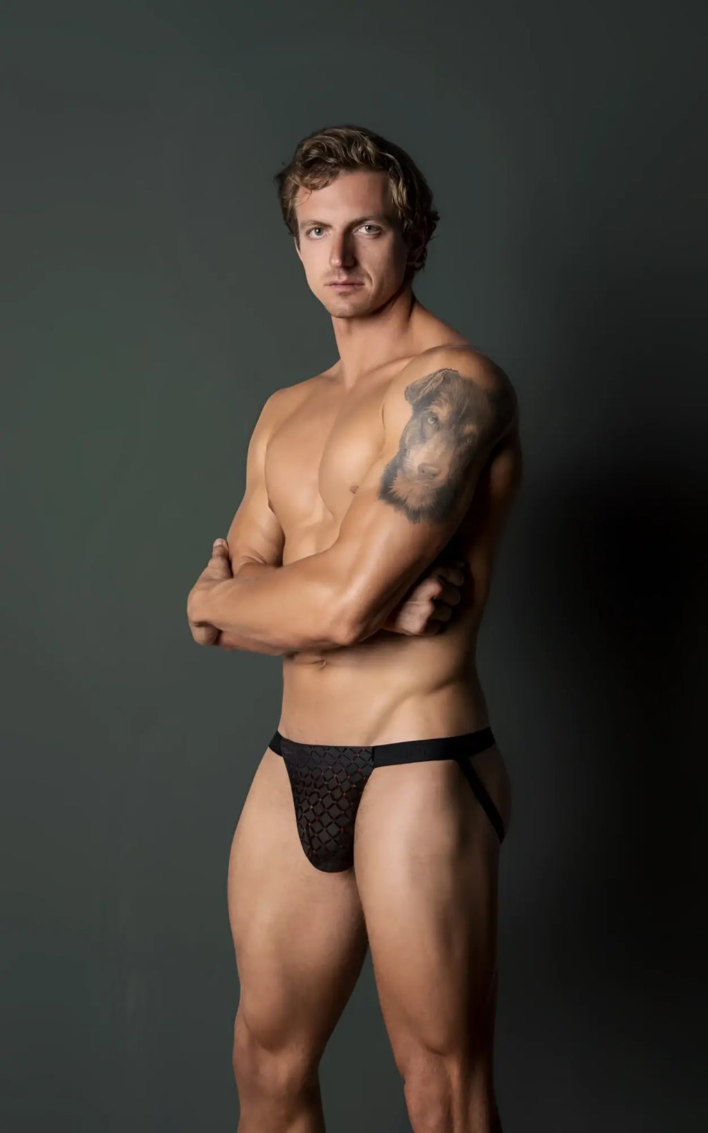 Male power 353-296 widow maker classic jock in black with black lace briefs featuring a geometric pattern