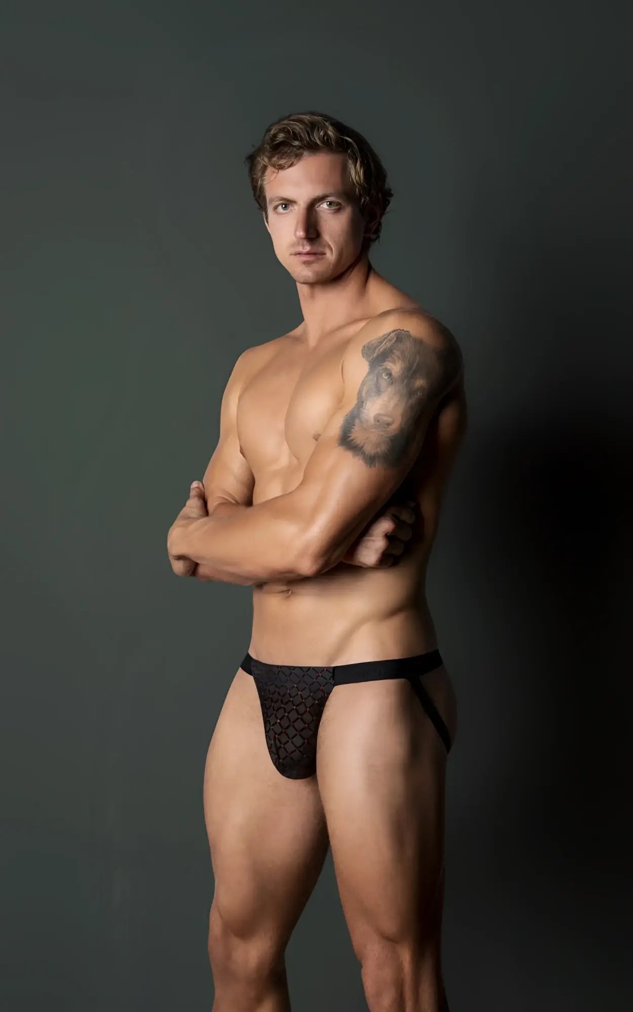 Male power 353-296 widow maker classic jock in black with black lace briefs featuring a geometric pattern