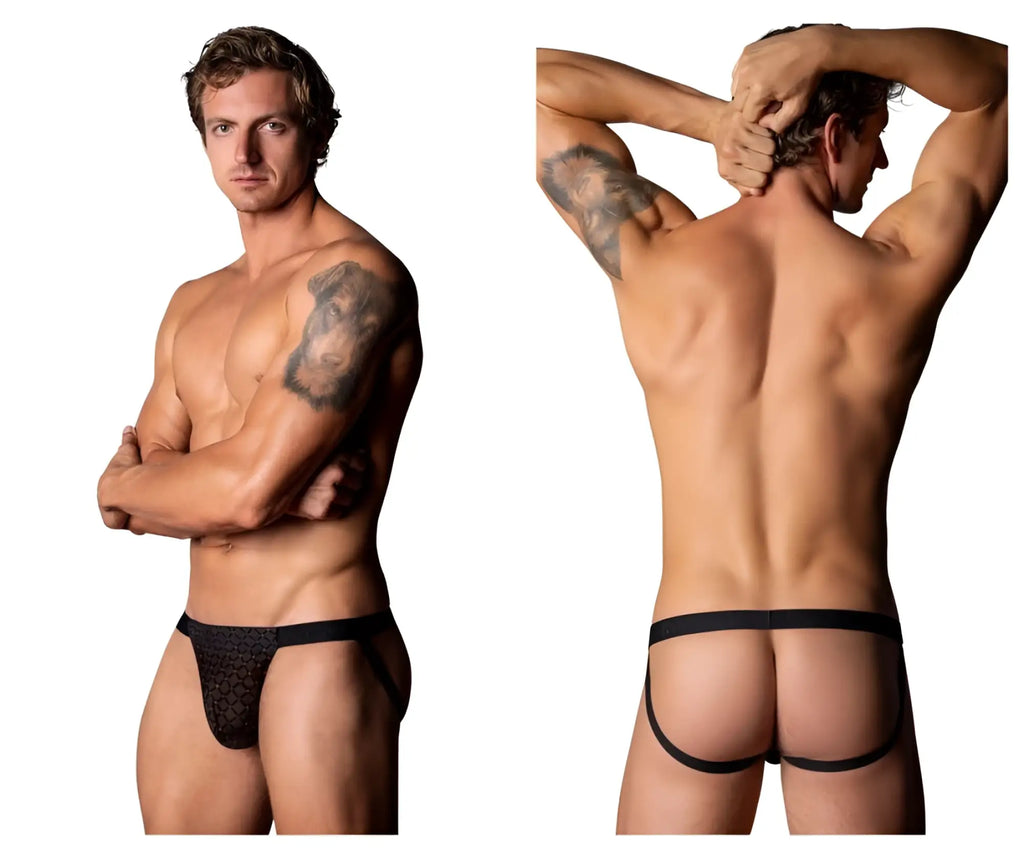 Male power 353-296 widow maker classic jock in black featuring black lace briefs with a solid waistband and leg openings