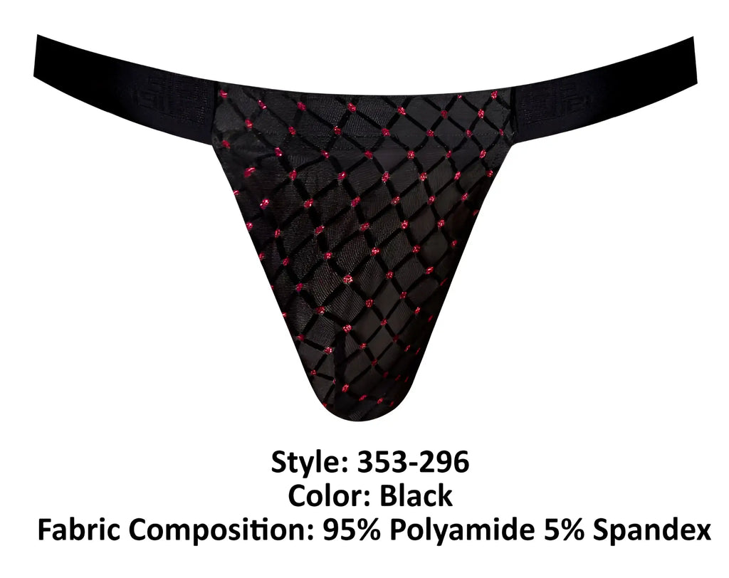 Male power 353-296 widow maker classic jock in black with diamond-patterned mesh and pink rhinestone accents