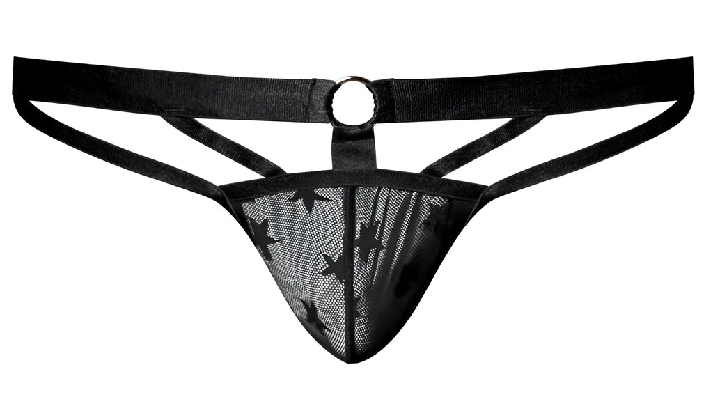 Male power 386-291 love star jock black mesh thong with star pattern and central metal ring