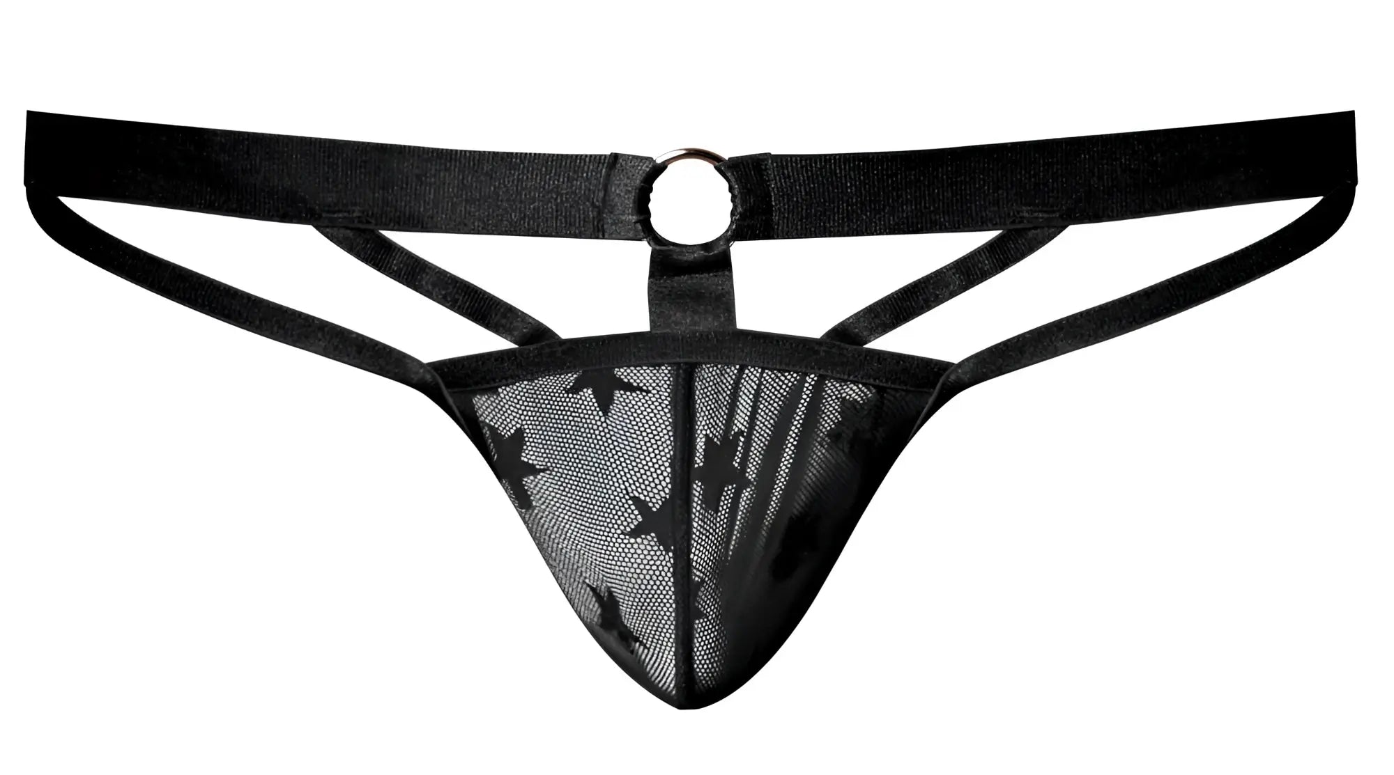 Male power 386-291 love star jock black mesh thong with star pattern and central metal ring