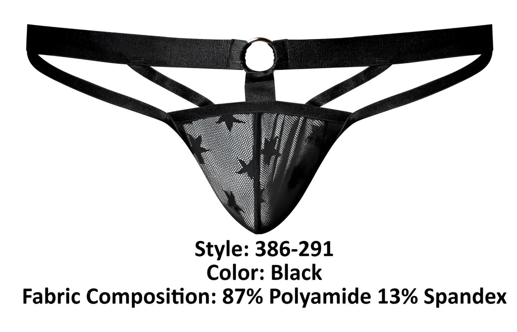 Male power 386-291 love star jock in black star-patterned mesh thong with wide elastic waistband and central metal ring