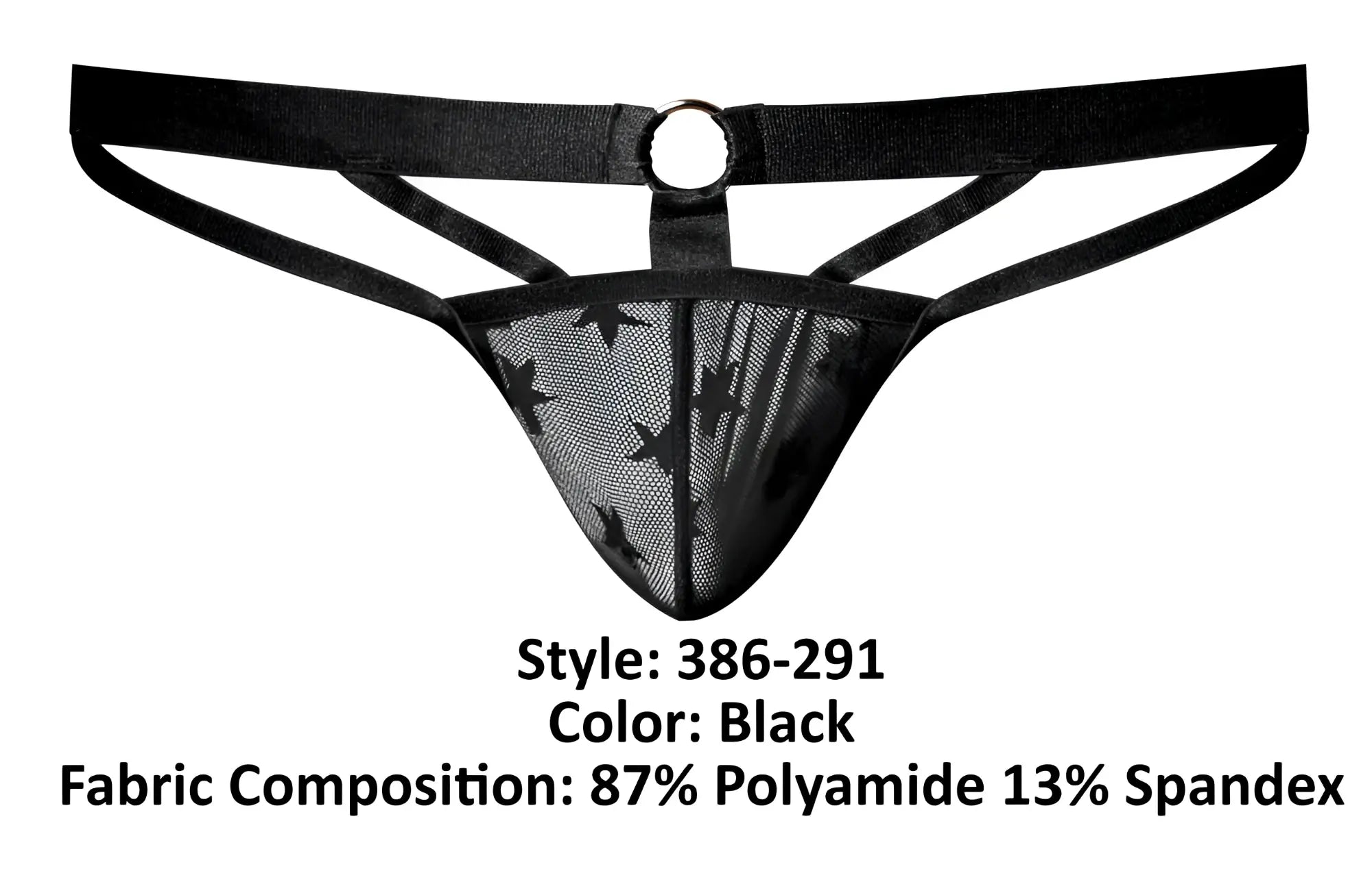 Male power 386-291 love star jock in black star-patterned mesh thong with wide elastic waistband and central metal ring