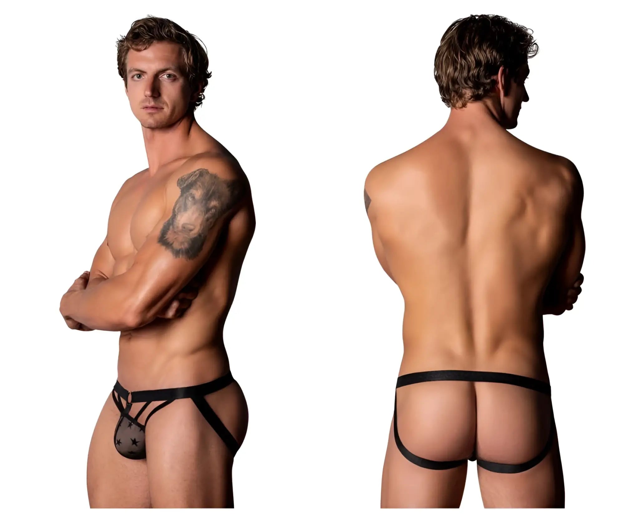 Male power 386-291 love star jock black sheer mesh thong with star pattern and adjustable straps showing back side