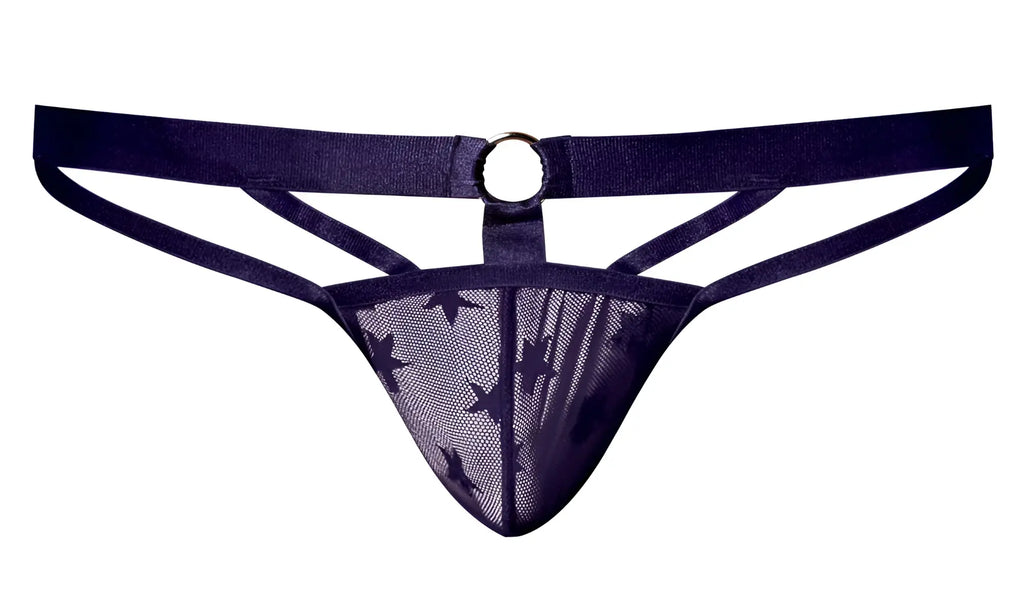 Male Power 386-291 love star jock purple navy blue star-patterned mesh thong with central metal ring front view