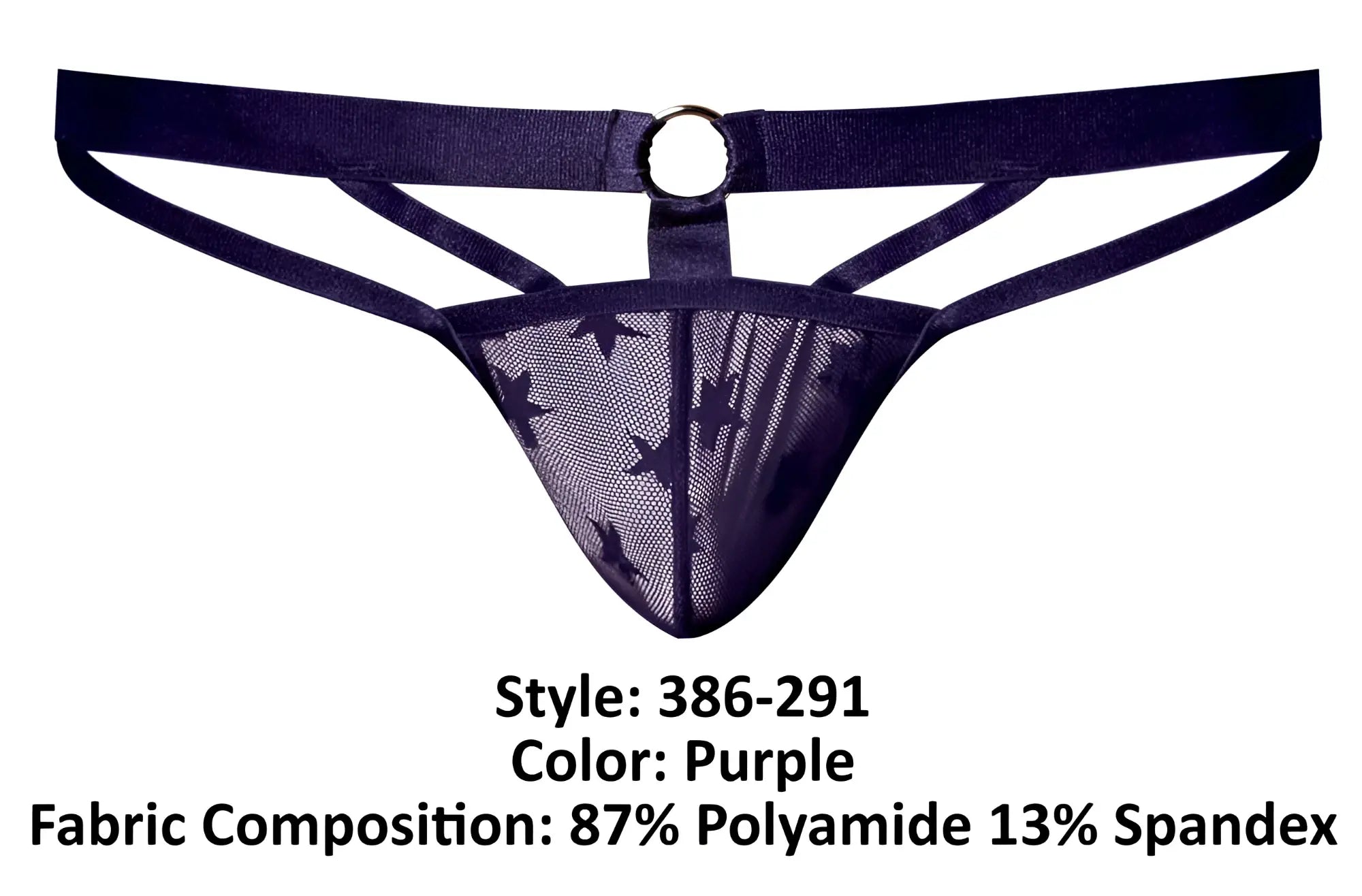 Male power 386-291 love star jock in purple star-patterned mesh thong with dark blue waistband and metal ring