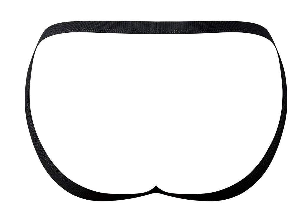 Male power 388-11c fishnet 2 jockstrap black with a smooth seamless black elastic waistband shown from the back side