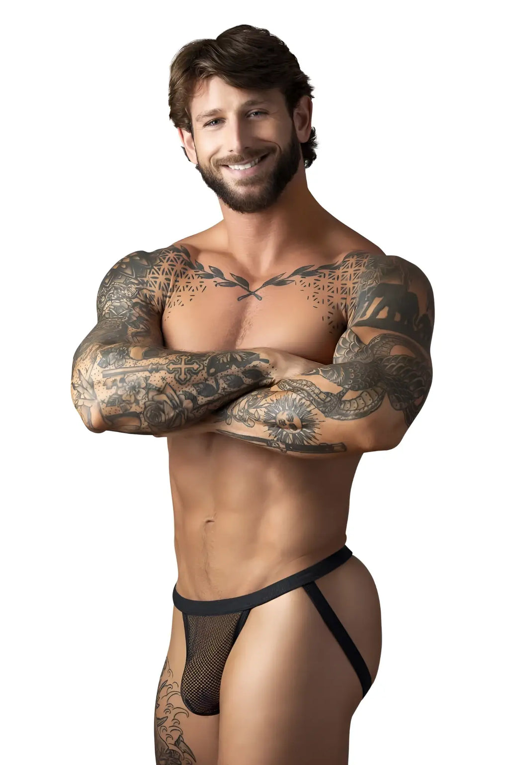 Male power 388-11c fishnet black mesh briefs with solid black waistband for men