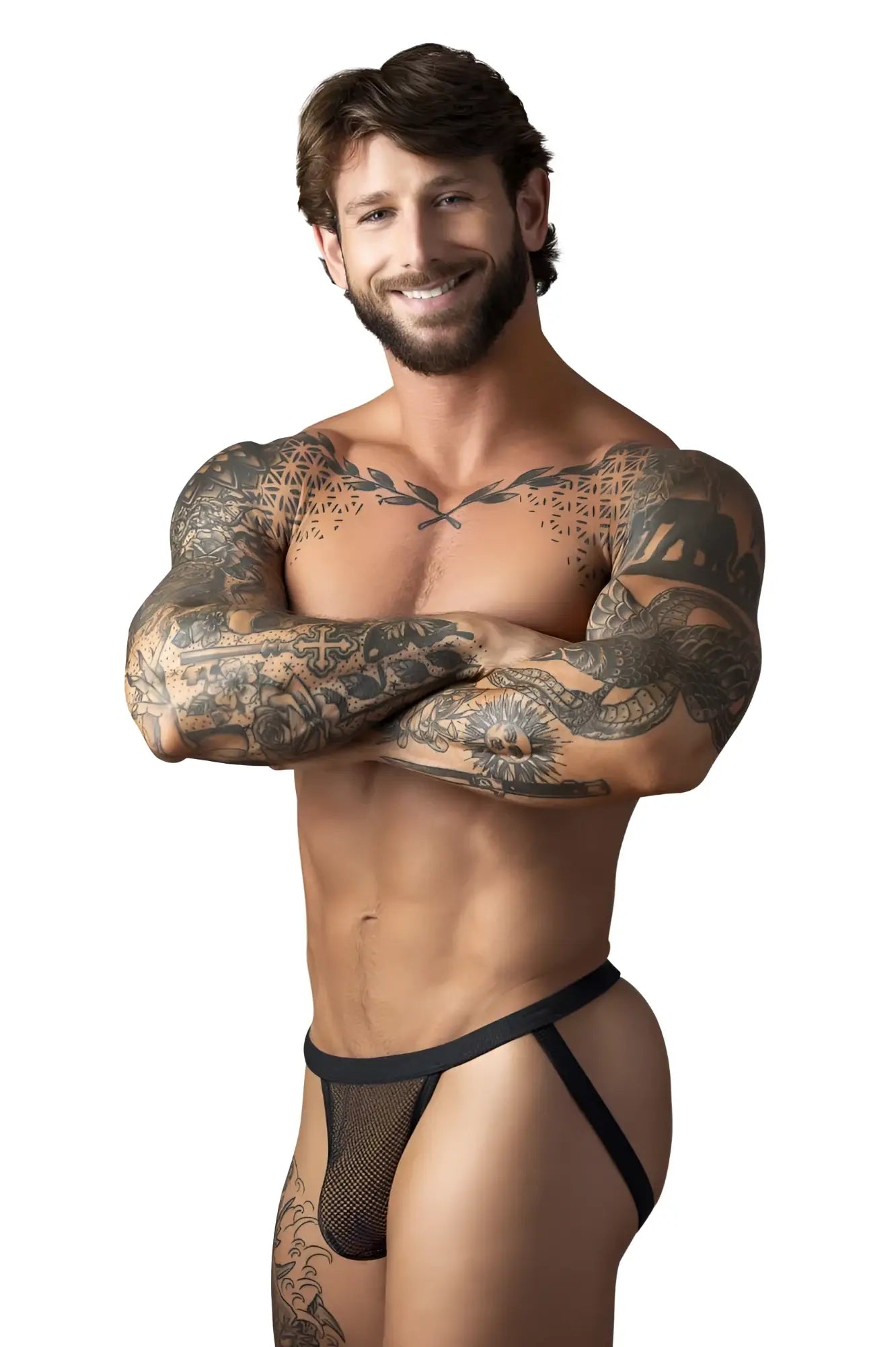 Male power 388-11c fishnet black mesh briefs with solid black waistband for men