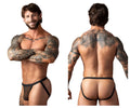 Male power 388-11c fishnet 2 jockstrap in black mesh with solid black waistband and leg straps shown from the back