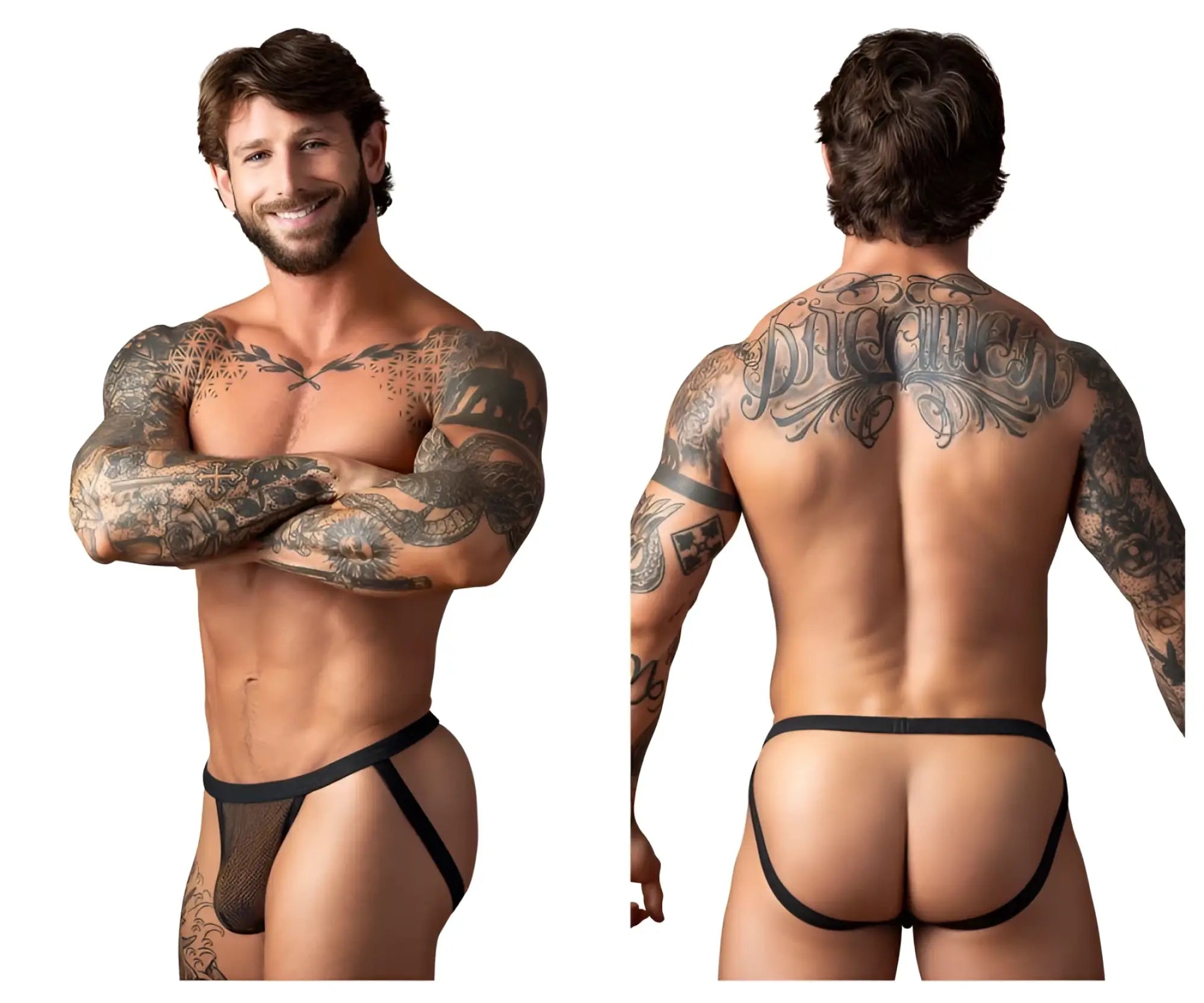 Male power 388-11c fishnet 2 jockstrap in black mesh with solid black waistband and leg straps shown from the back