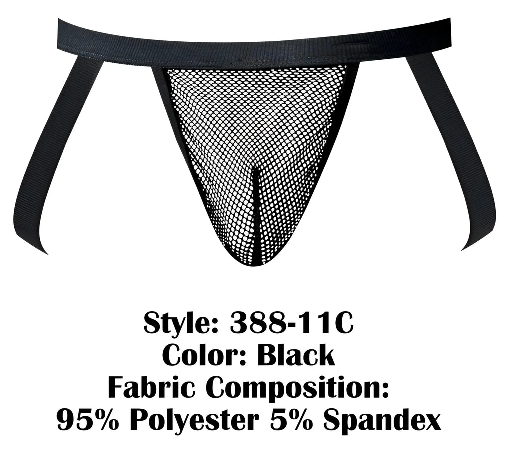 Black male power 388-11c fishnet thong with elastic waistband and side straps made of polyester and spandex