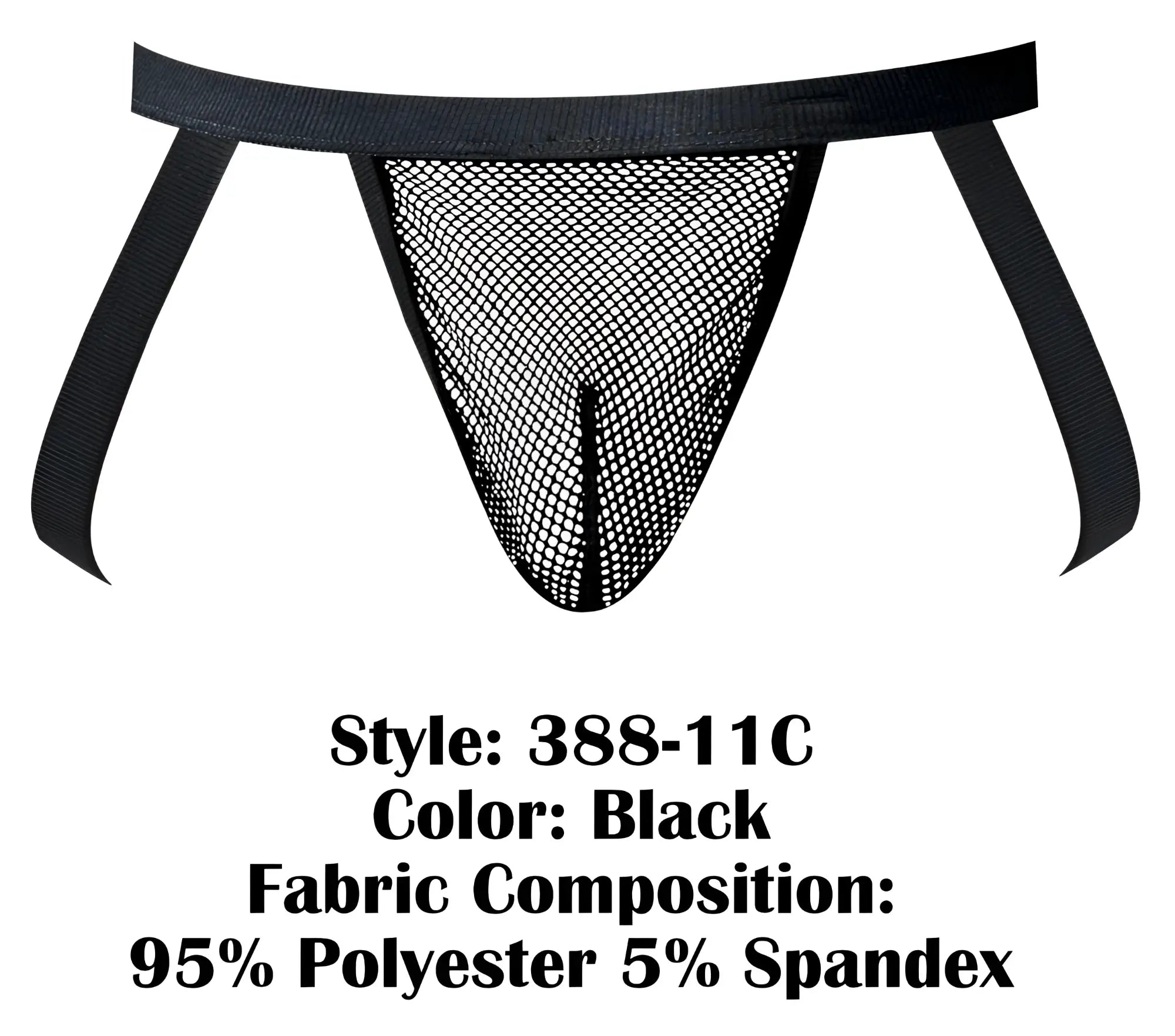 Black male power 388-11c fishnet thong with elastic waistband and side straps made of polyester and spandex