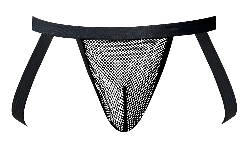 Black male power 388-11c fishnet thong with solid waistband and side straps shown from the back side