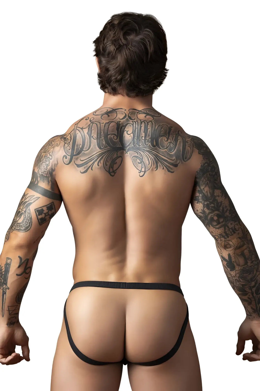 Black male power 388-11c fishnet jockstrap with sleek minimalist thong design showing the back side