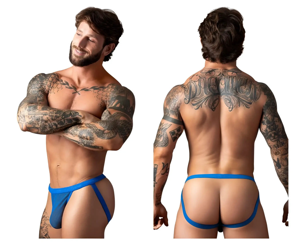 Male power 388-11c fishnet 2 jockstrap in royal blue with supportive contoured design and thin side straps