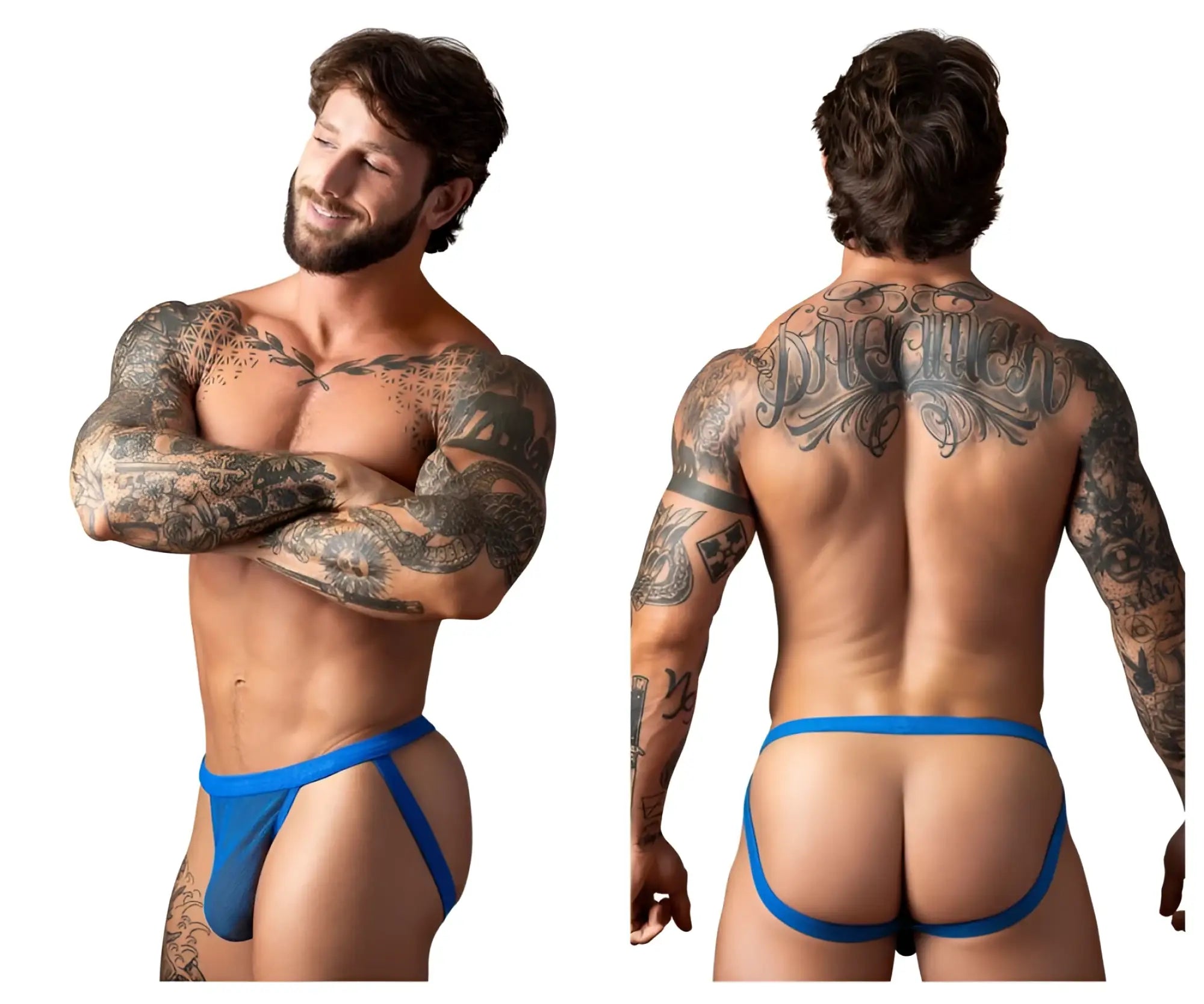 Male power 388-11c fishnet 2 jockstrap in royal blue with supportive contoured design and thin side straps