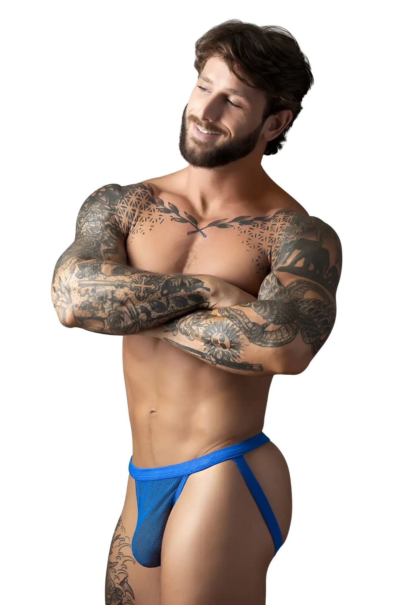 Blue mesh male power 388-11c fishnet 2 jockstrap with thin side straps in royal color front view