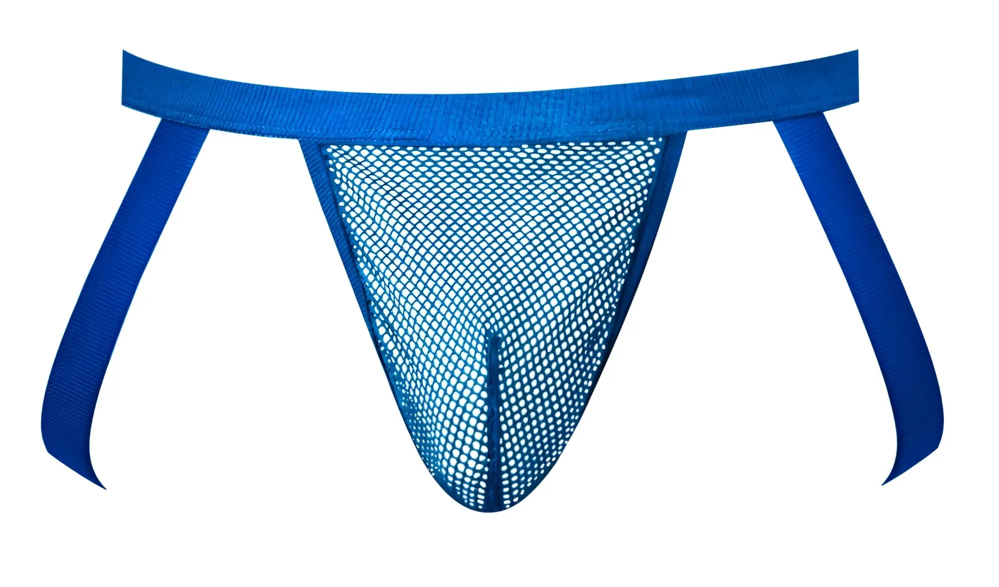 Male power 388-11c fishnet 2 jockstrap in royal blue mesh thong with solid waistband and side straps front view