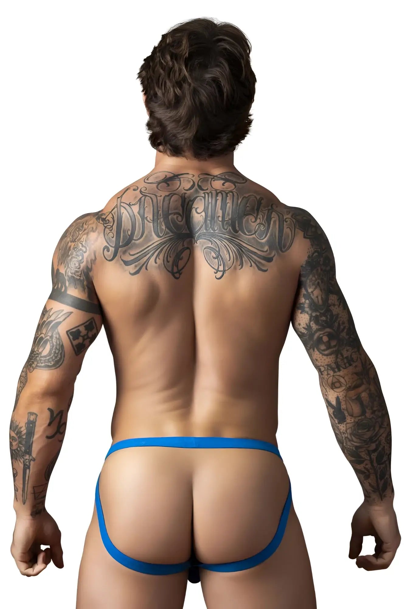 Male power 388-11c fishnet 2 jockstrap royal blue thong with a snug fit and thin elastic waistband shown from the back