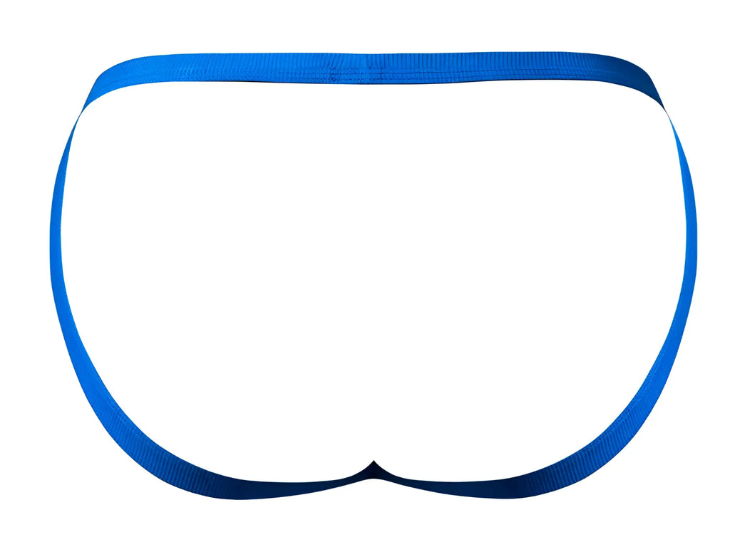 Male power 388-11c fishnet 2 jockstrap in bright blue ribbed fabric with a snug-fitting design front view