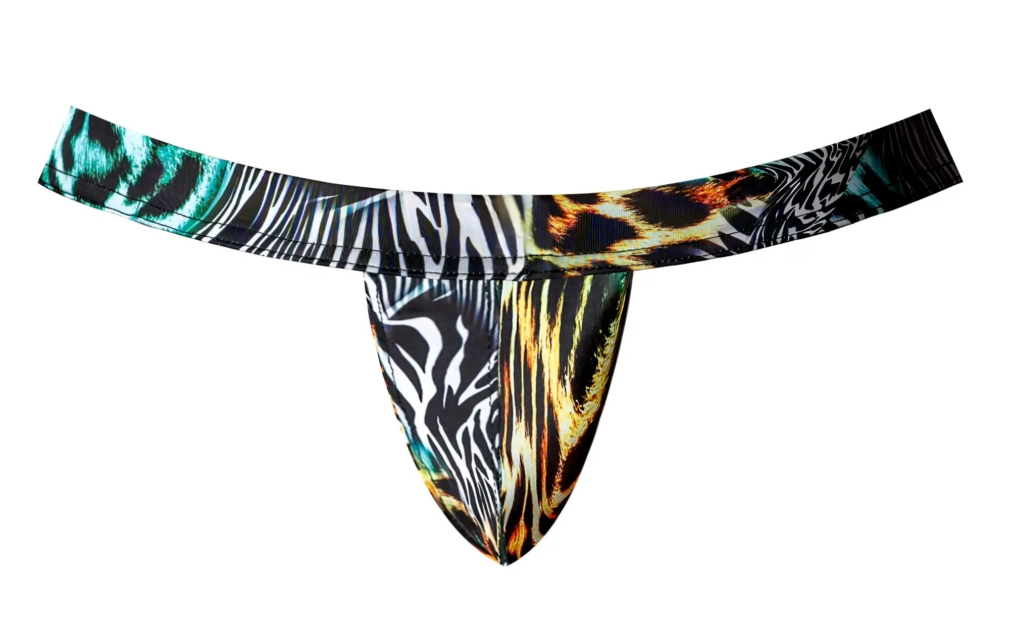 Male power 392-295 go wild sport jock vibrant thong with bold black white teal gold and orange zebra and leopard prints