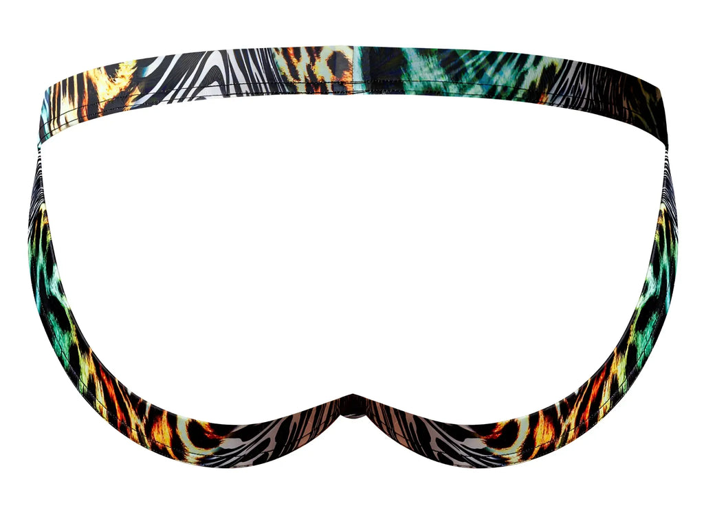 Male power 392-295 go wild sport jock vibrant swim trunks with multi animal print in orange teal black and white