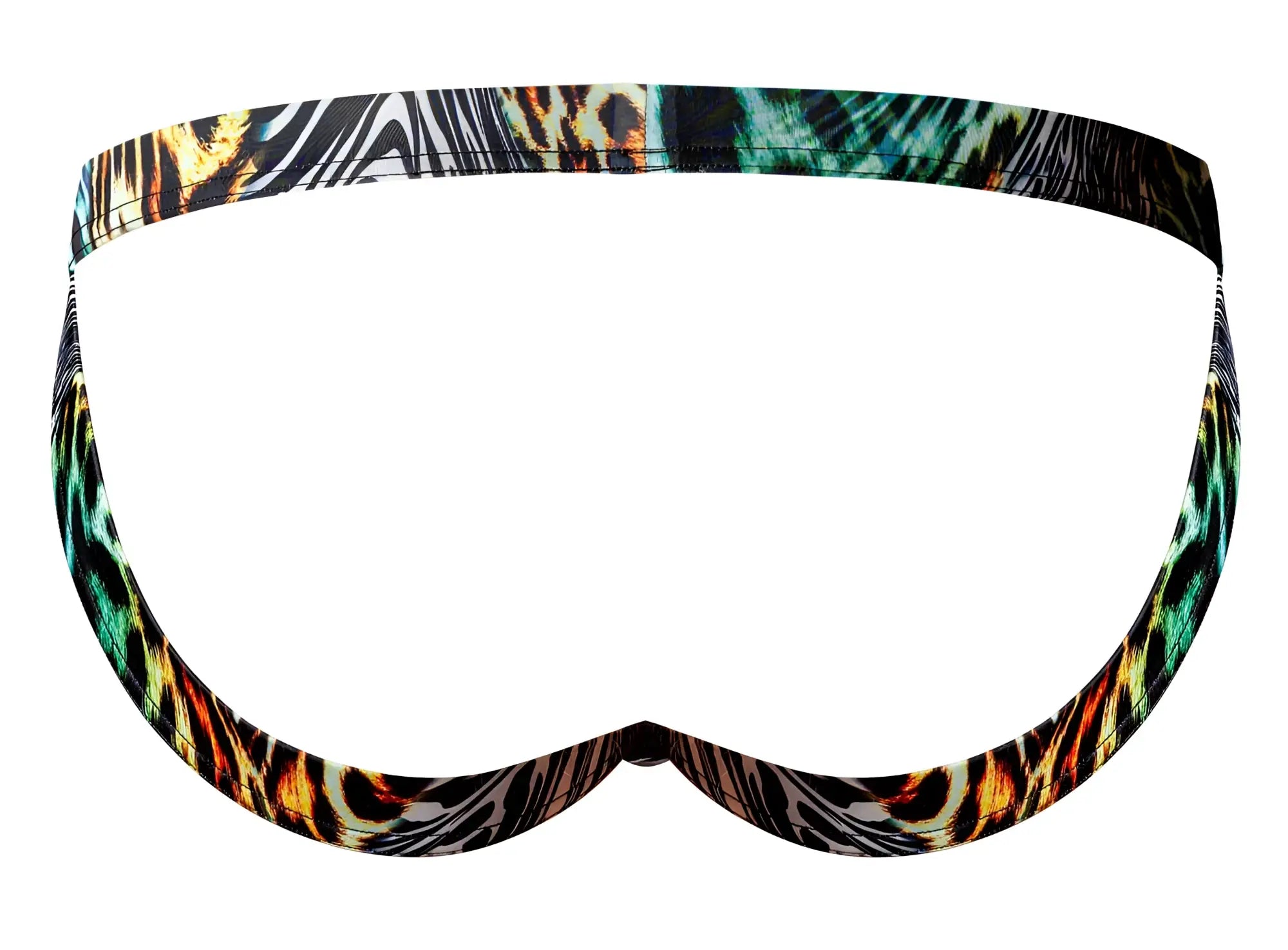 Male power 392-295 go wild sport jock vibrant swim trunks with multi animal print in orange teal black and white