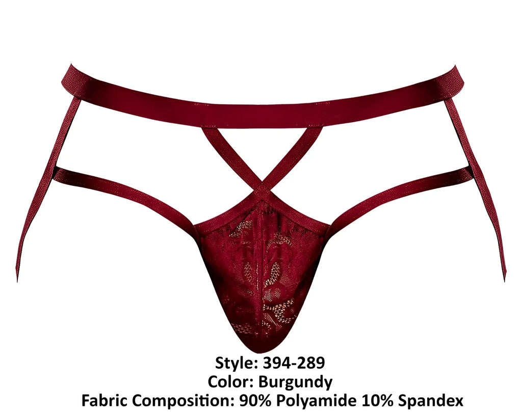 Male power 394-289 lucifer strappy jock burgundy lace thong with crisscross straps and elasticized waistband back view