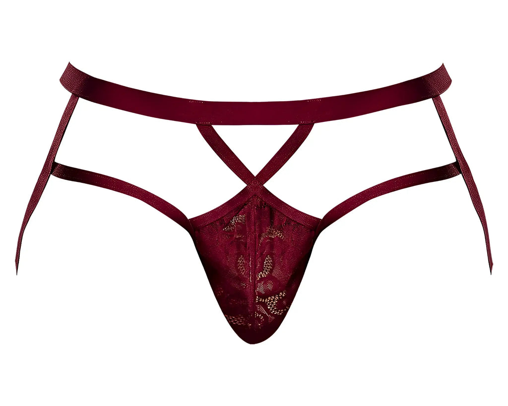 Male power 394-289 lucifer strappy jock burgundy lace thong with crisscross straps and sheer patterned front panel
