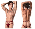 Red lace thong with crisscross front straps and back strap in burgundy from male power lucifer strappy jock series