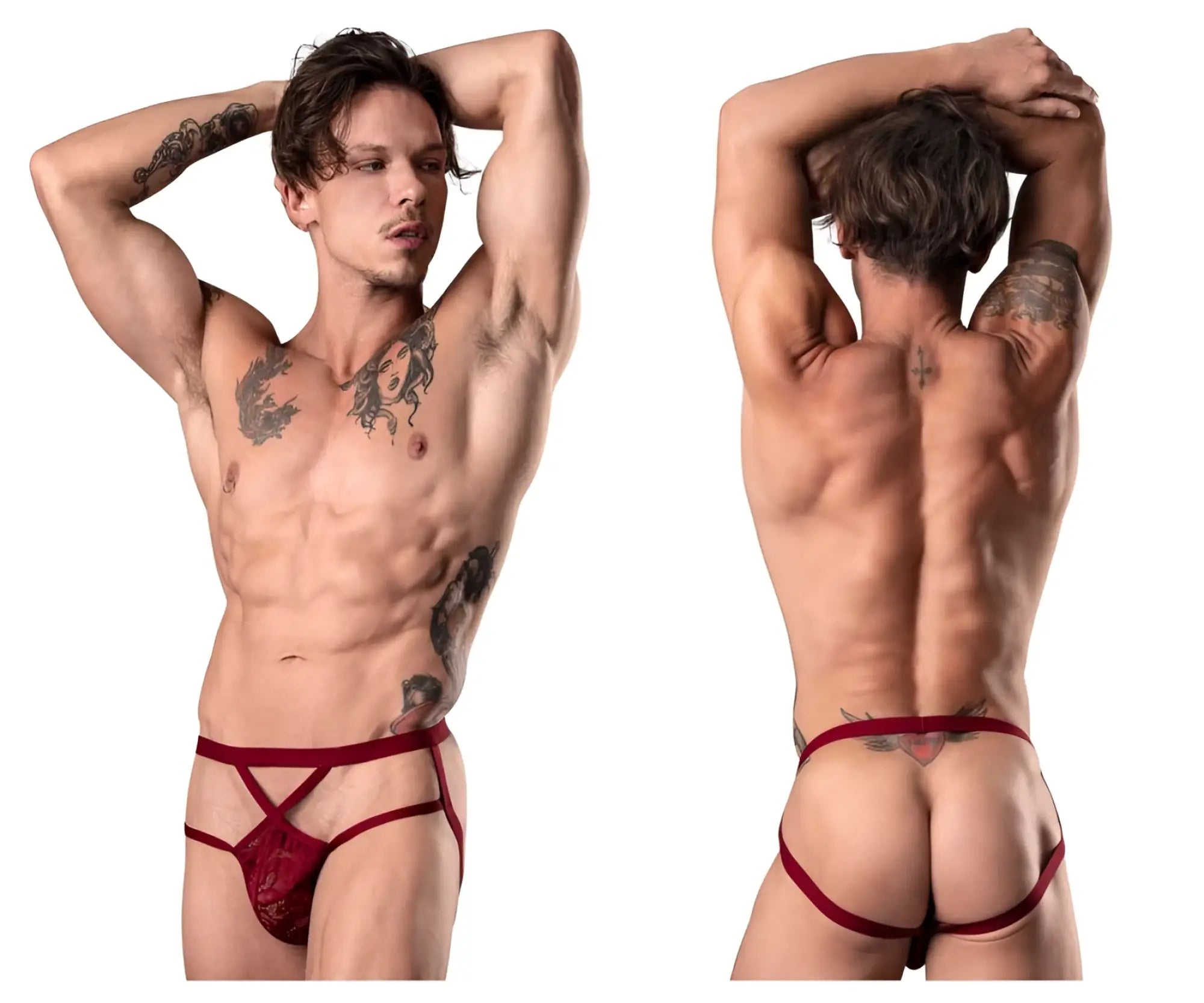 Red lace thong with crisscross front straps and back strap in burgundy from male power lucifer strappy jock series