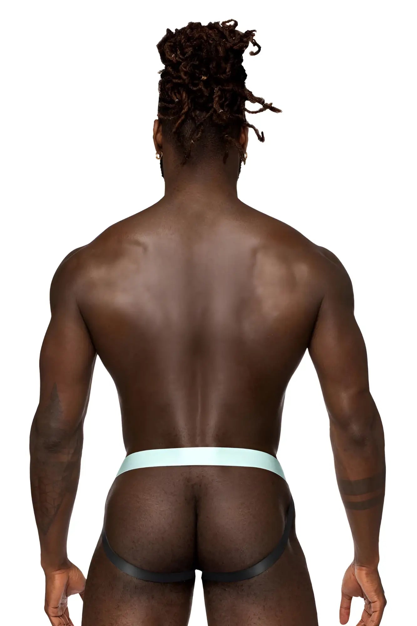 Male power 399-281 easy breezy jock sleeve in black and aqua with a sleek, form-fitting athletic design