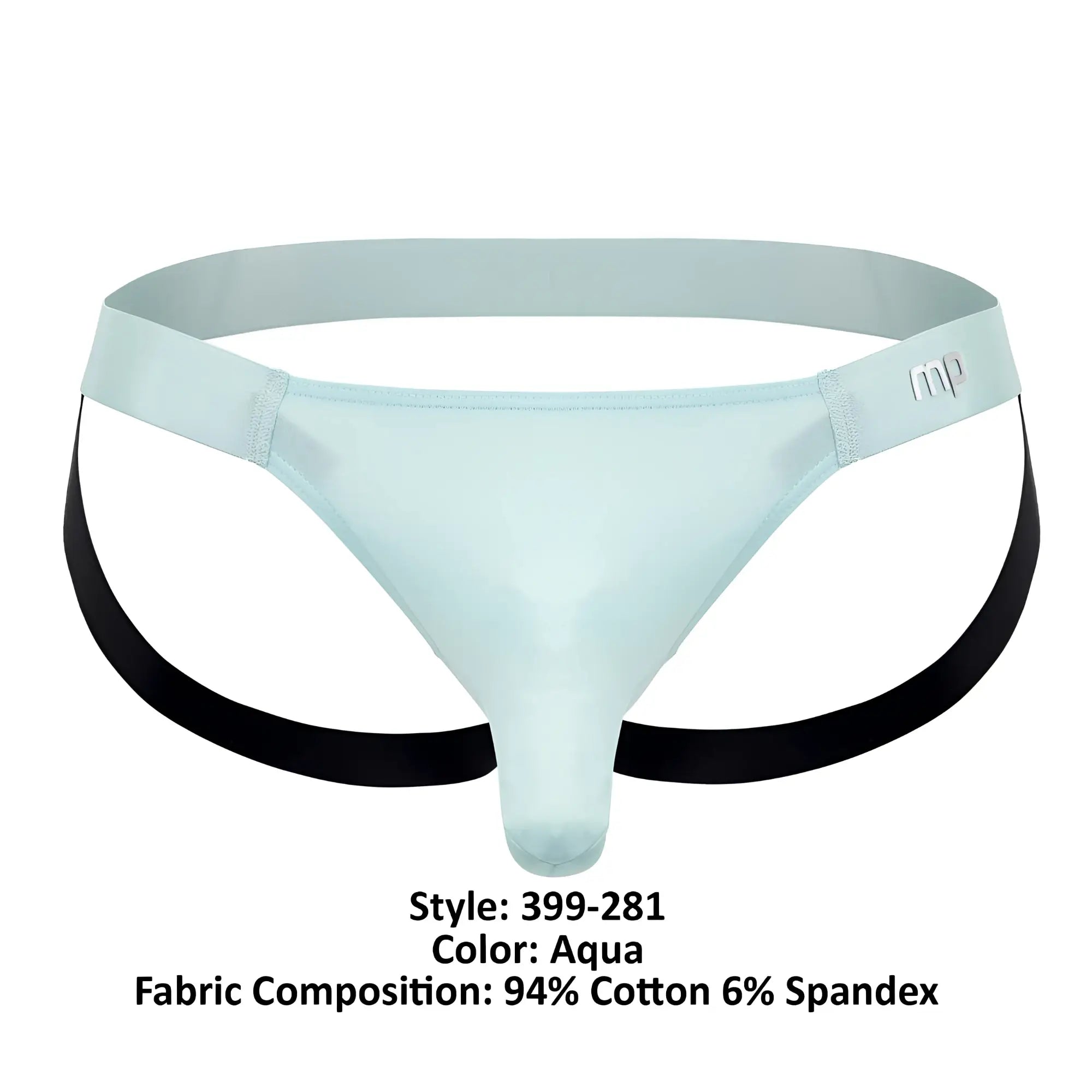 Male power 399-281 easy breezy jock sleeve aqua men’s thong with black straps made of 94 percent cotton 6 percent spandex