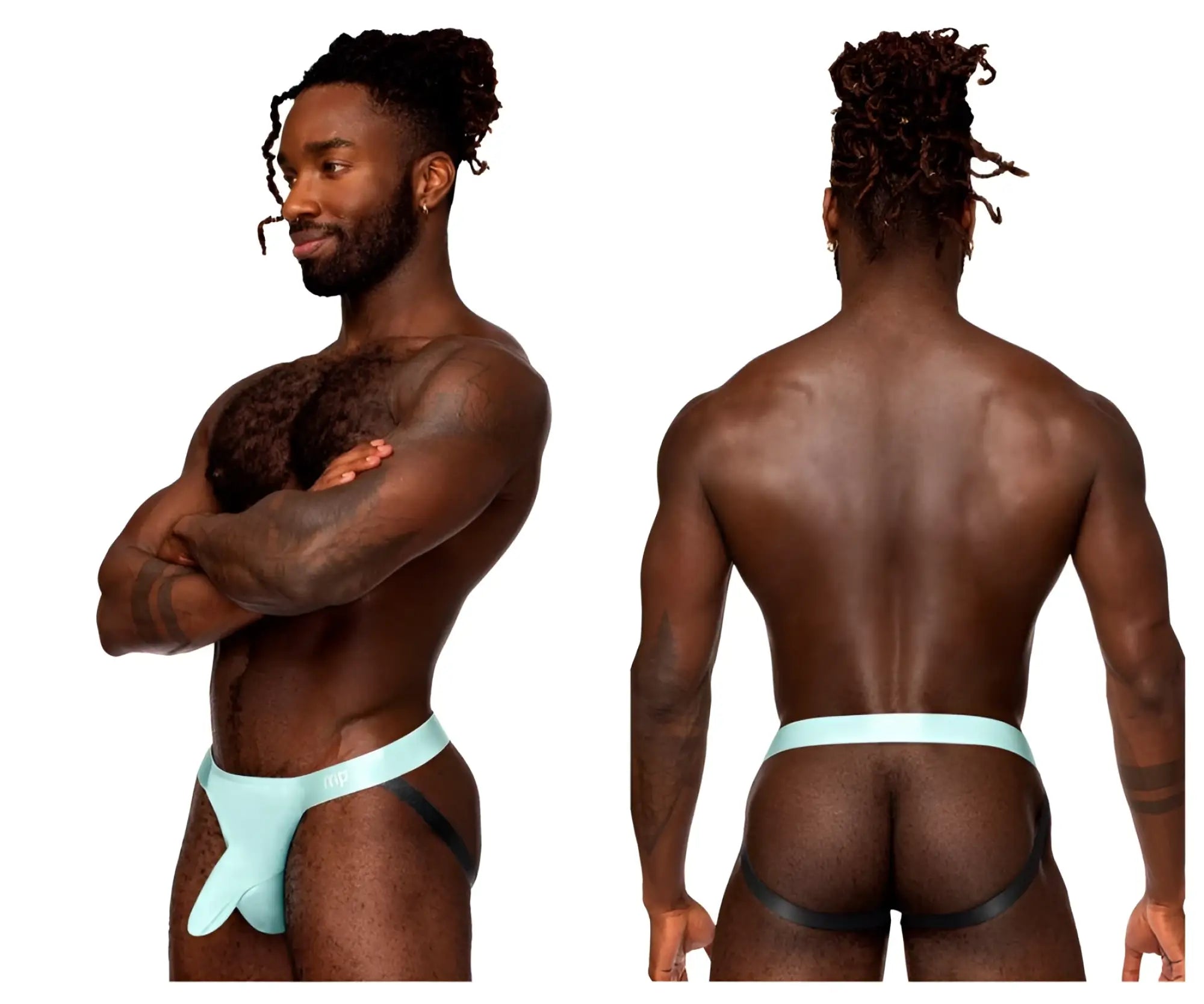 Male power 399-281 easy breezy jock sleeve in aqua with light blue and black supportive contoured athletic briefs design