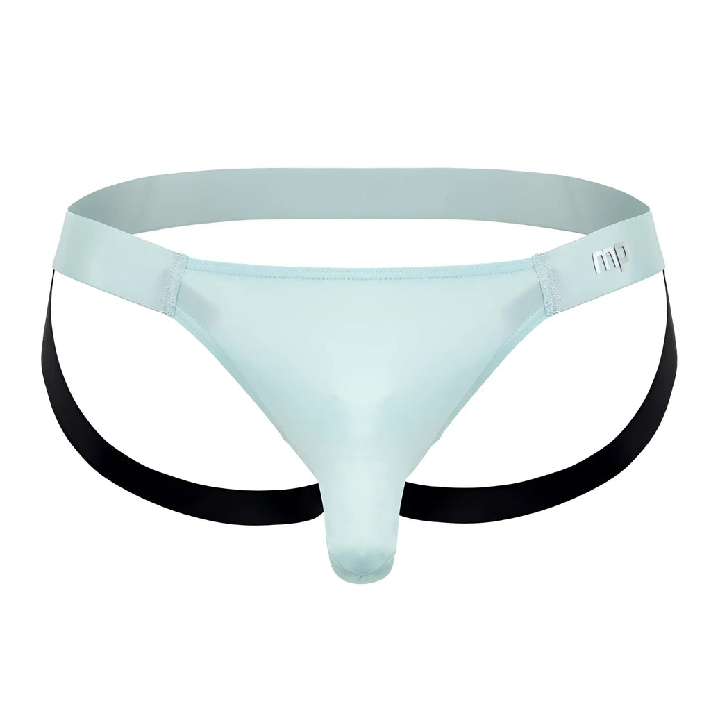 Light blue sheer nylon thong with black side straps and subtle mp logo from male power easy breezy jock sleeve aqua