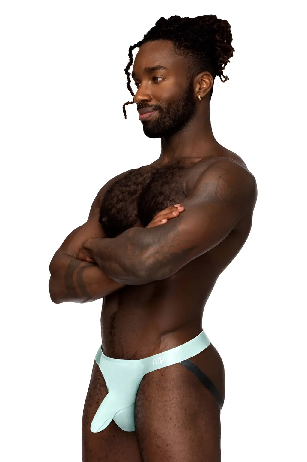 Light blue sleek form-fitting male power 399-281 easy breezy jock sleeve briefs with black waistband trim