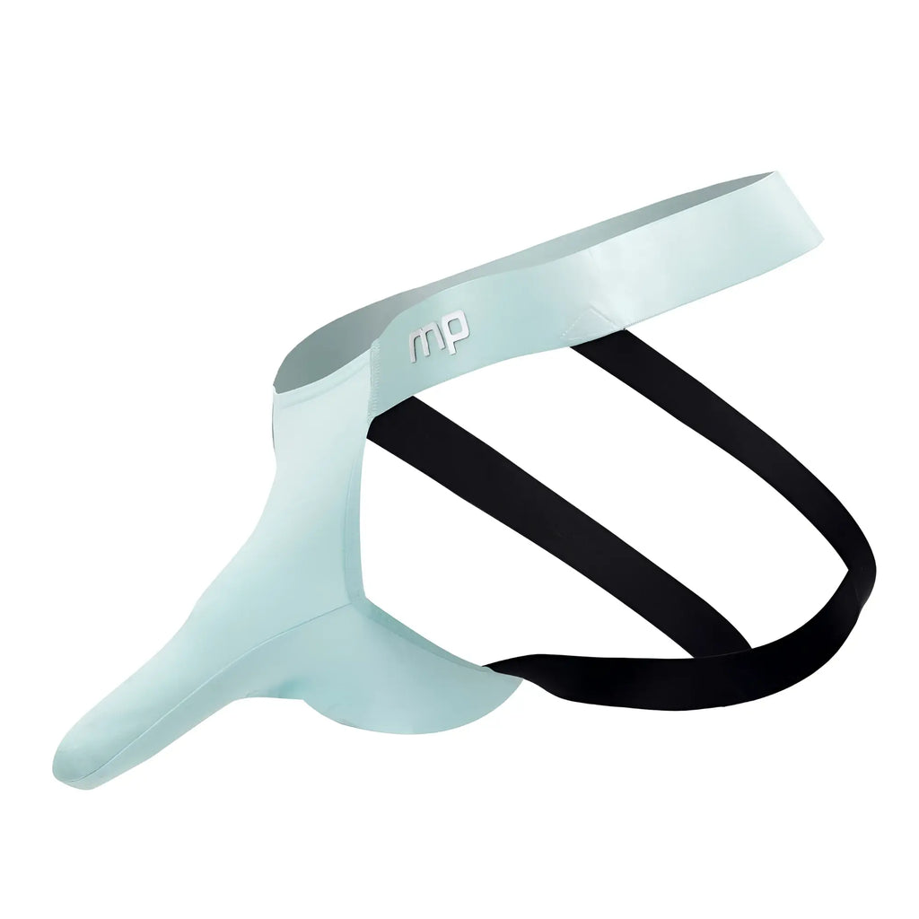 Male power 399-281 easy breezy jock sleeve in aqua light blue with smooth texture black elastic straps and mp logo