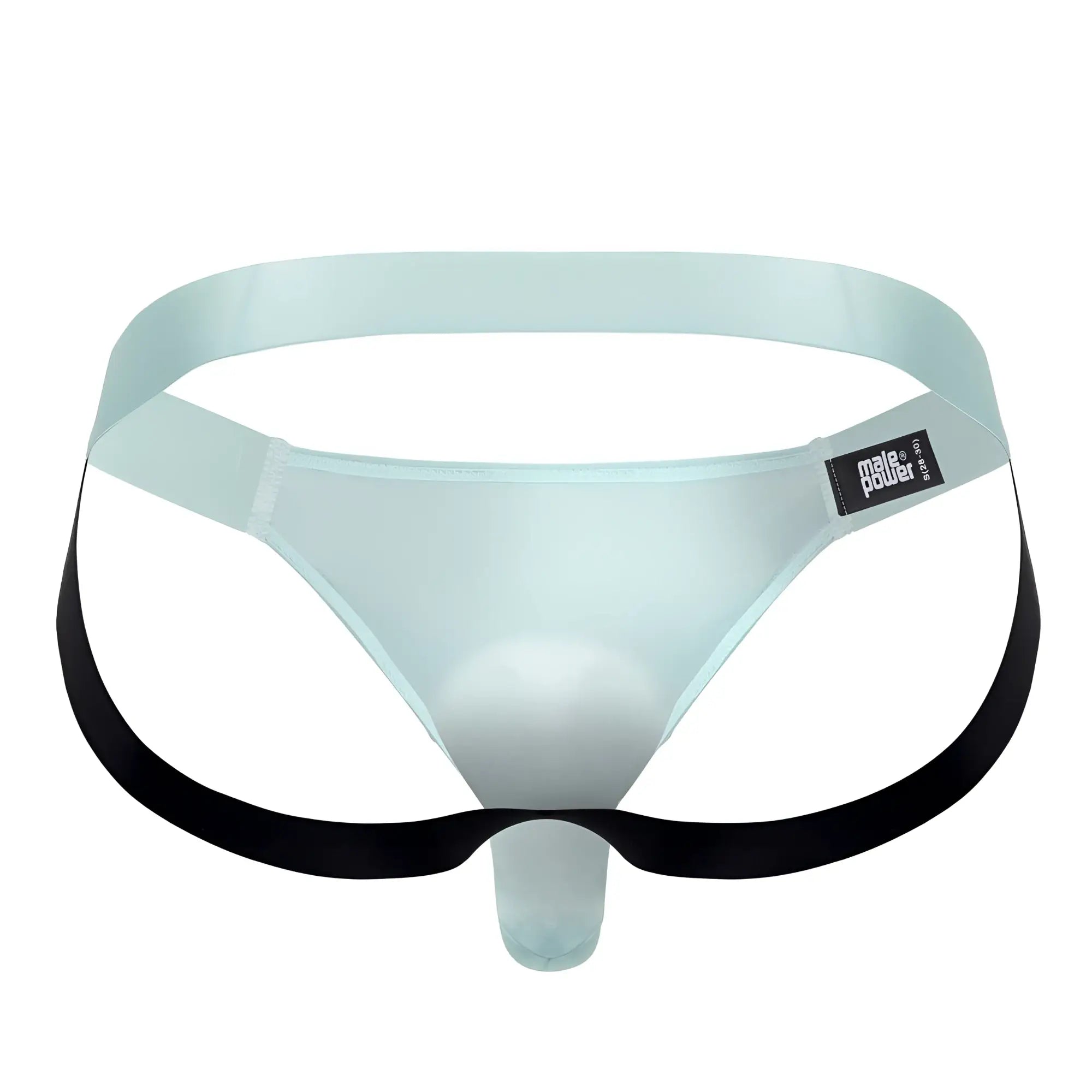 Male power 399-281 easy breezy jock sleeve in aqua light blue translucent mesh briefs with black elastic side straps and branded tag