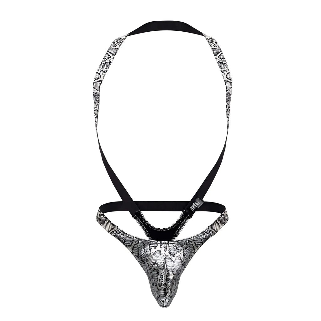 Black and silver snake-print men’s thong with adjustable straps from male power in silver-black color