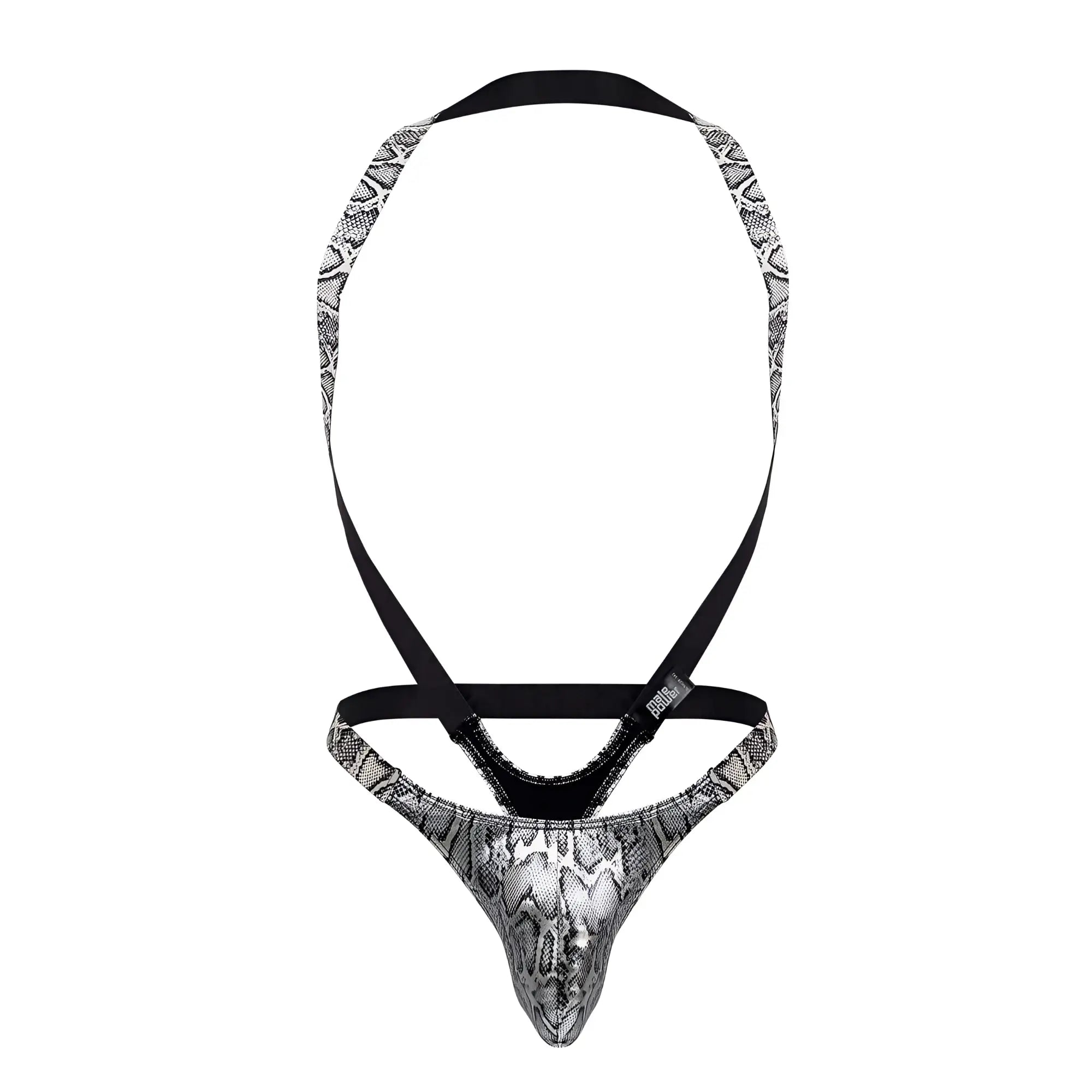 Black and silver snake-print men’s thong with adjustable straps from male power in silver-black color